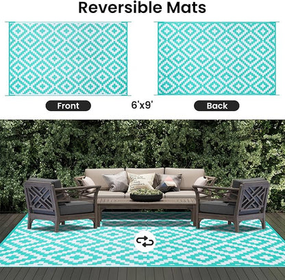 Smiry Waterproof Outdoor Rug 6x9 ft, Reversible Plastic Straw Patio Camping Rugs, Outdoor Indoor RV Mat Carpet for Patio, Outside Entry, Backyard, Deck, Bench, Picnic, Camper, White & Teal