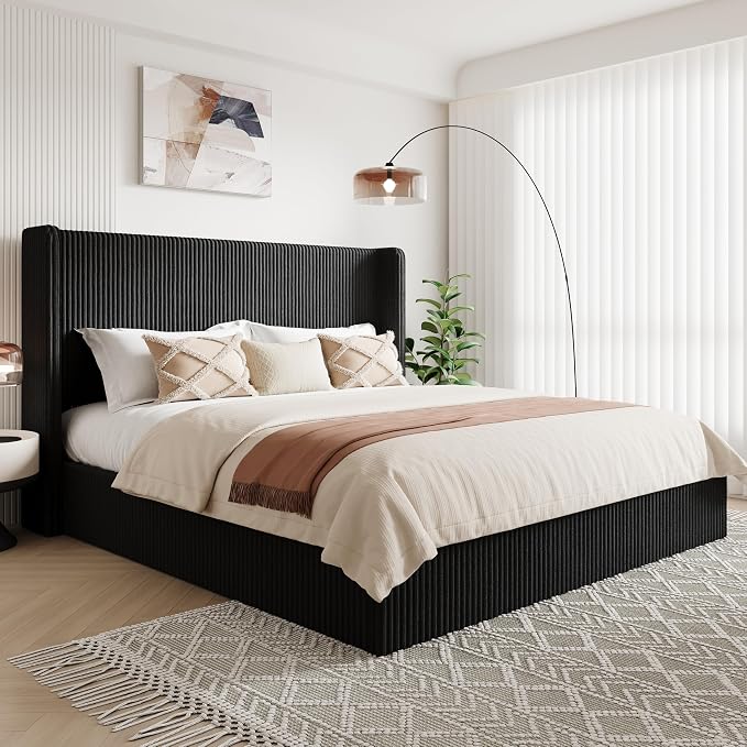 Allewie King Lift-Up Storage Bed Frame with Modern Wingback Headboard, Corduroy Upholstered Platform Bed, Hydraulic Gas Lift Support, Underbed Storage, Wooden Slats, No Box Spring Needed, Black