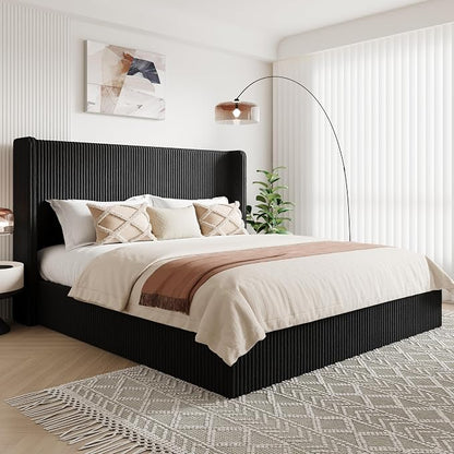 Allewie King Lift-Up Storage Bed Frame with Modern Wingback Headboard, Corduroy Upholstered Platform Bed, Hydraulic Gas Lift Support, Underbed Storage, Wooden Slats, No Box Spring Needed, Black