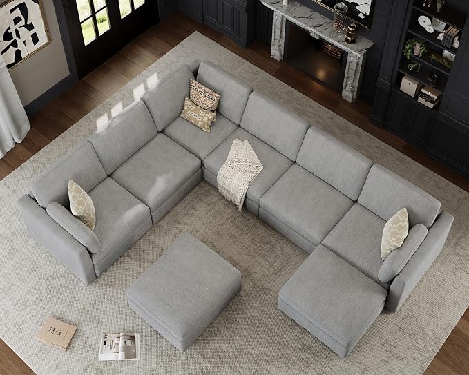 Oversized Modular Sectional Sofa U-Shaped Cloud Couches Gray | Large Deep Seat Couch for Living Room, 8 Seater Luxury Corner Sofa with Ottoman, Solid Wood Frame, Removable Washable Cover