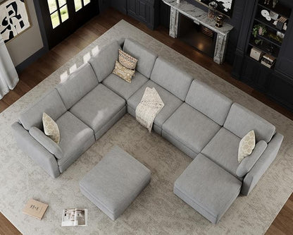 Oversized Modular Sectional Sofa U-Shaped Cloud Couches Gray | Large Deep Seat Couch for Living Room, 8 Seater Luxury Corner Sofa with Ottoman, Solid Wood Frame, Removable Washable Cover