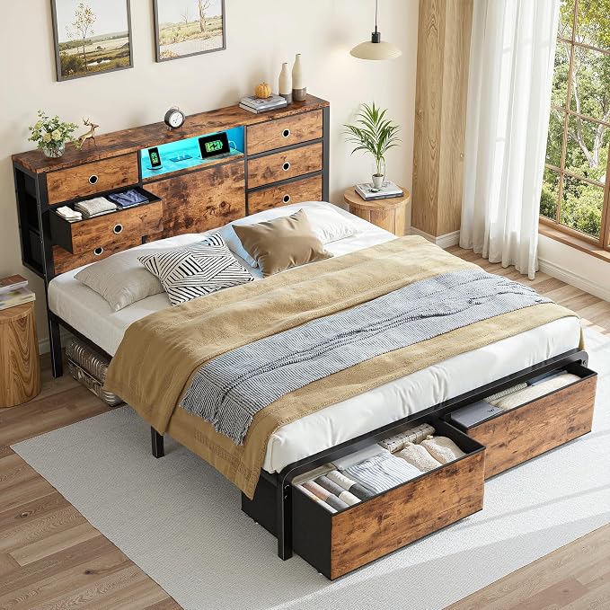 Homkdom Queen Size Bed Frame with 8 Fabric Drawers Storage, LED Lights & Charging Station, and Headboard Storage,Offering Noise-Free Support and Easy Assembly for Bedroom,Modern Brown