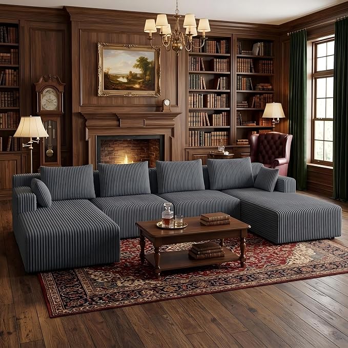 142" Oversized Cloud Modular Sectional Sofa Boneless Couches with Double Chaise Lounge and Deep Seat, Fluffy Corduroy Upholstered Compressed Lounge Sofa & Couches for Living Room