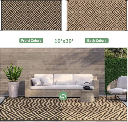 GENIMO Outdoor Rug Waterproof, 10' x 20' Reversible Plastic Straw Rugs, Lightweight Large RV Camping Mat for Patio, Deck, Camper, Balcony, Backyard, Picnic, Black & Brown