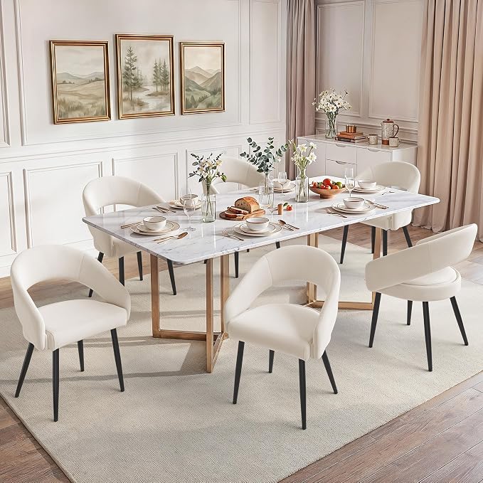 LUE BONA Modern Dining Chairs Set of 6, Upholstered Armrest Side Chairs for Kitchen & Dining Room, 18.5" Seat Height, Comfortable Curved Hollow Backrest, Black Metal Legs, Easy Assembly, Beige