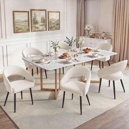 LUE BONA Modern Dining Chairs Set of 6, Upholstered Armrest Side Chairs for Kitchen & Dining Room, 18.5" Seat Height, Comfortable Curved Hollow Backrest, Black Metal Legs, Easy Assembly, Beige