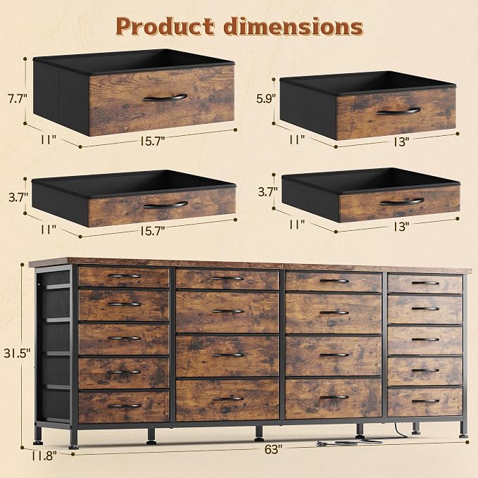 EnHomee 63" W TV Stand for 75" TV, 18 Drawers with LED & Charging, Brown | Long Dresser for 65"-75" TV, Deep Drawer, Spacious Storage, Drawers Glide, No Wobbling, Anti-tip, Easy Assembly, Wipes Clean