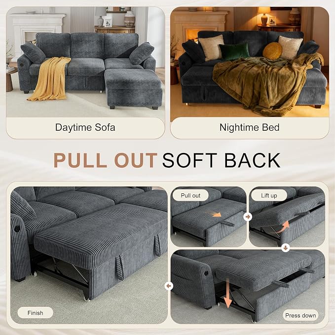 Hanherry 81" Sectional Couch with Pull Out Sofa Bed,Corduroy Sleeper Sofa with Storage Ottoman & USB Charging,Comfy L Shaped Modular Couches for Living Room,Apartment