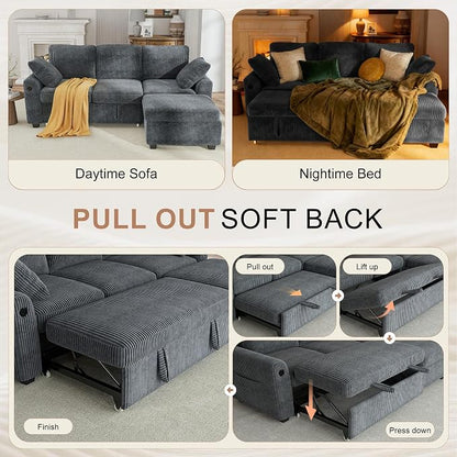 Hanherry 81" Sectional Couch with Pull Out Sofa Bed,Corduroy Sleeper Sofa with Storage Ottoman & USB Charging,Comfy L Shaped Modular Couches for Living Room,Apartment