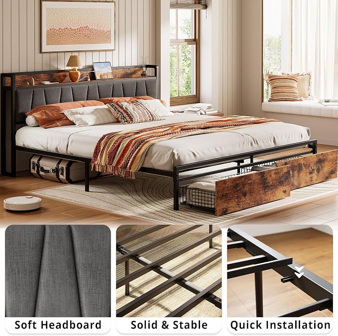 LIKIMIO California King Size Bed Frame with 2 Drawers and Charging Station | Platform Bed with Upholstered Storage Headboard, No Box Spring Needed, Easy Assembly, Sturdy, Industrial Brown and Gray