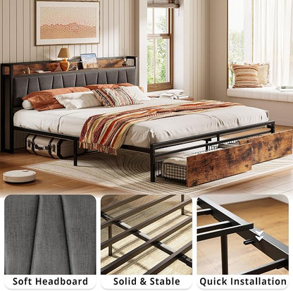 LIKIMIO California King Size Bed Frame with 2 Drawers and Charging Station | Platform Bed with Upholstered Storage Headboard, No Box Spring Needed, Easy Assembly, Sturdy, Industrial Brown and Gray