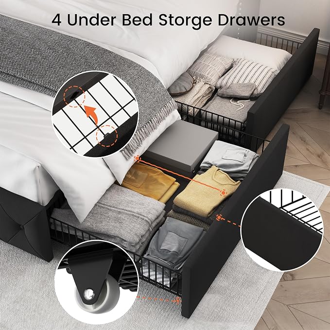 LARMACE King Size Bed Frame with 4 Storage Drawers and 47.2" Tall Tufted Headboard Velvet Upholstered Platform Bed Frame Wingback Beds with Wooden Slats Support, Easy Assembly, Black