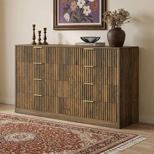 Walnut 8 Drawer Dresser for Bedroom, 55" Wide Fluted Chest of Drawers with Gold Metal Handles, Modern Wooden Dresser, Closet Storage Organizer Mid Century TV Stand for Living Room Hallway