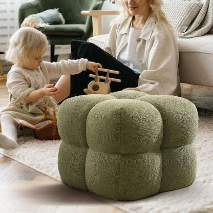 Zesthouse Square Pouf Ottoman Footstool, Modern Backless Vanity Chair for Bedroom, Green Boucle Foot Rest for Couch, Upholstered Tufted Footstool, Poofy Fabric Ottoman Coffee Table for Living Room