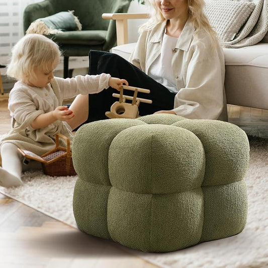Zesthouse Square Pouf Ottoman Footstool, Modern Backless Vanity Chair for Bedroom, Green Boucle Foot Rest for Couch, Upholstered Tufted Footstool, Poofy Fabric Ottoman Coffee Table for Living Room