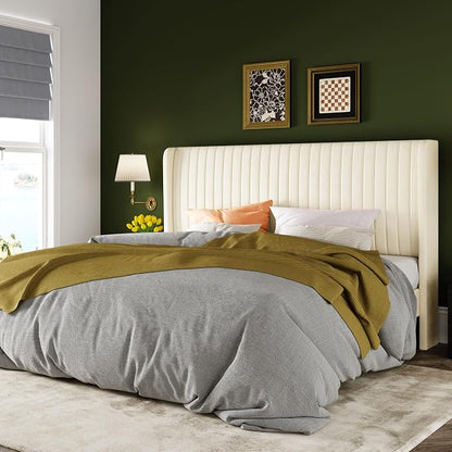 Allewie King Size Velvet Bed Frame/Vertical Channel Tufted Wingback Headboard/Upholstered Platform Bed/No Box Spring Needed/Strong Wooden Slats/Easy Assembly/Cream White