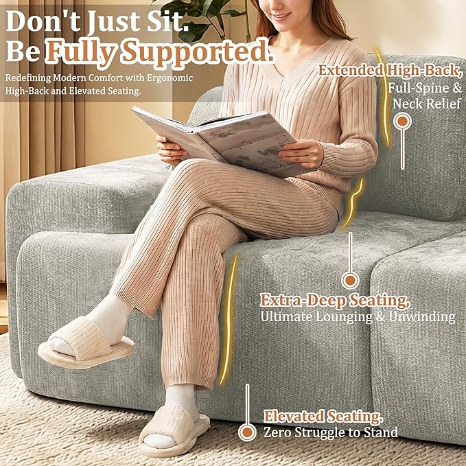 122" Oversized Boneless Couch, Comfort Cloud Sectional Couches for Living Room, Modular Sofa High Back & Extra Deep Seat, No Assembly, Soft Chenille Fabric (Light Grey, 122 inch-（3+3）)