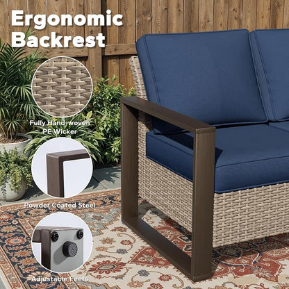 Joyside Outdoor Patio Wicker Sofa, 3-Seater Rattan Sofa with Thick Olefin Cushions and Metal Steel Rectangular Framed Armrest -Looking Metal Armrest Suitable for Garden, Backyard, Porch, Deck, Blue