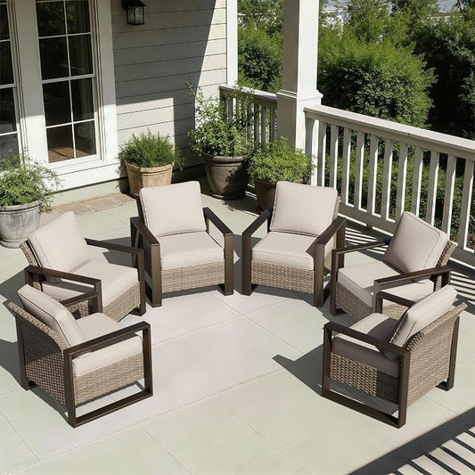 Joyside Outdoor Patio Chairs Set, 6 Pieces Wicker Rattan Chairs with Metal Wide Armrest, Thick Cushions and Deep Seating for Garden, Backyard, Porch, Deck
