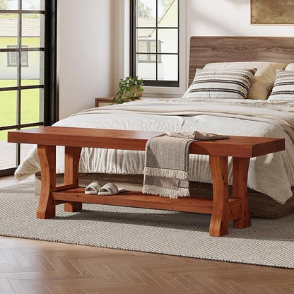 Solid Wood Entryway Bench, 55" End of Bed Bench, Long Indoor Dining Seat for Hallway, Bedroom, Living Room, Dining Room, Easy Assembly, Red Brown