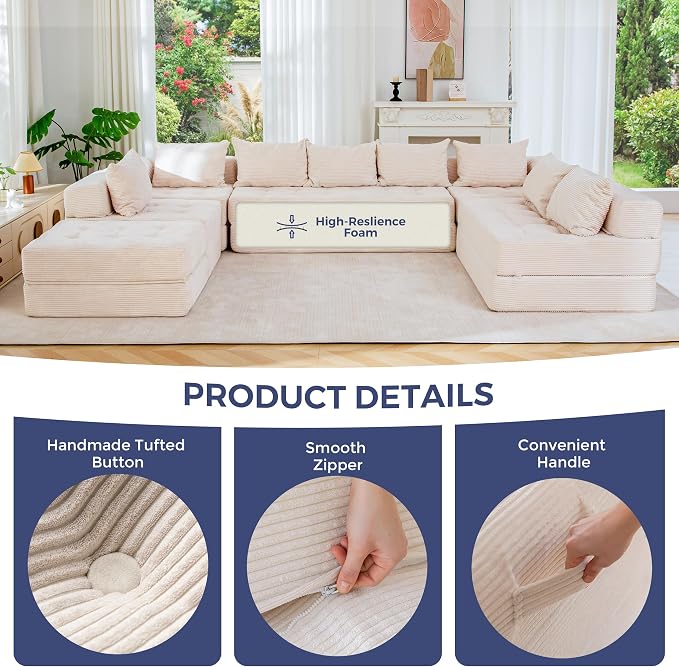 MAXYOYO Modular Sectional Sofa Couch, Foldable Oversized U Shaped Cloud Couch with Pillows, Tufted Boneless Lounger Floor Sofa Bed for Living Room, No Assembly Required, Beige