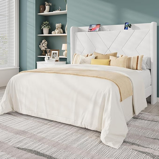 Allewie Queen Size Platform Bed Frame with Charging Station and Storage Shelf/Upholstered Velvet Wingback Headboard/Wooden Slats Support/No Box Spring Needed/Easy Assembly, White