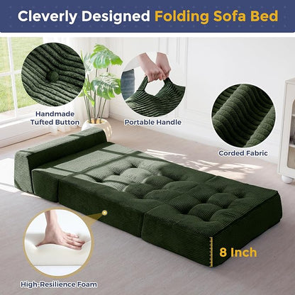 MAXYOYO 8" Folding Sofa Bed, Fold Out Chair Bed, Convertible Floor Sofa Couch, High-Density Foam Tufted Lounge Couch for Living Room Bedroom Dorm, Single, Dark Green