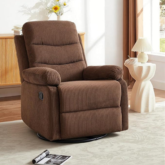 Rocking Recliner Chair,Modern Swivel Glider Recliner Chair,Corduroy Fabric Upholstery Recliner,Manual Reclining Sofa Chair for Living Room,Office,Apartment (Brown)