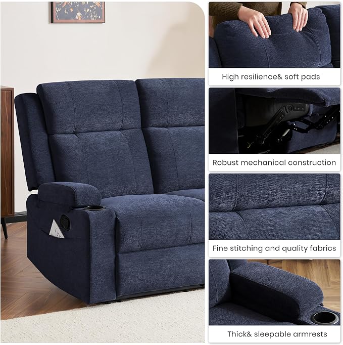 55" RV Loveseat Recliner – Space-Saving Double Reclining RV Sofa, Compact Theater Seating with Cup Holders & Storage Pocket, Blue Chenille Couch for Camper, Motorhome & Home Theater