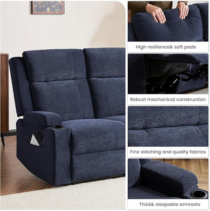 55" RV Loveseat Recliner – Space-Saving Double Reclining RV Sofa, Compact Theater Seating with Cup Holders & Storage Pocket, Blue Chenille Couch for Camper, Motorhome & Home Theater