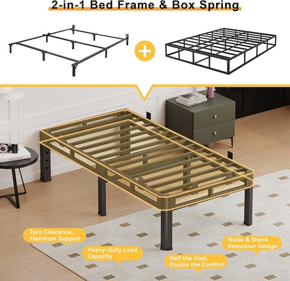 14 Inch Twin XL Bed Frame, Metal Double Layer Steel 4000 lbs Capacity, Platform with Large Under Bed Storage Space, No Box Spring Needed, Noise-Free, Easy Assembly