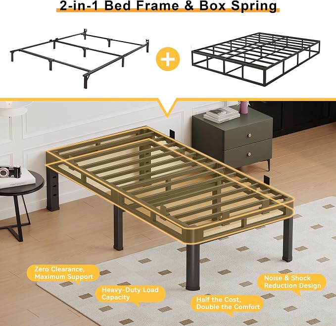 18 Inch Twin XL Bed Frame Heavy Duty, Metal Double Layer Steel 4000 lbs Capacity, Platform with Large Under Bed Storage Space, No Box Spring Needed, Noise-Free, Easy Assembly