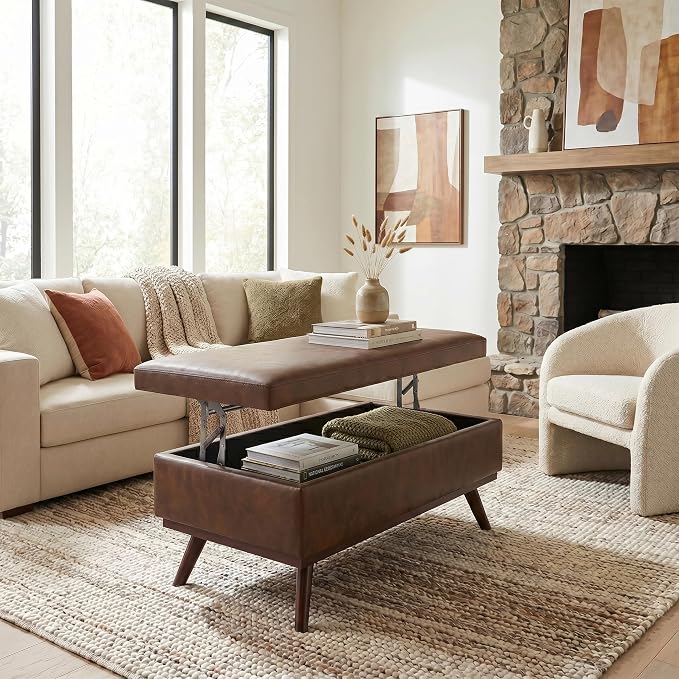 SIMPLIHOME Owen Lift Top Coffee Table Storage Ottoman - 42 inch Wide Upholstered Vegan Leather Rectangular Lift-Top Ottoman in Distressed Chestnut Brown, Mid-Century Modern Ottoman for Living Room