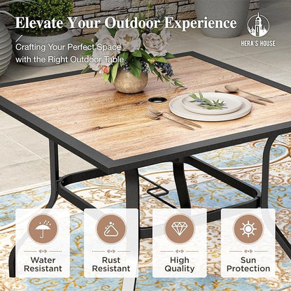 HERA'S HOUSE Patio Table and Chairs for 4, 5 Pieces Outdoor Deck Dining Sets, Square Metal Table Set with Chairs for Lawn Garden Backyard, Brown