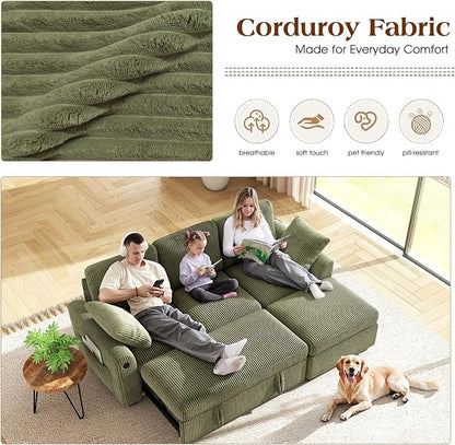 Ihanherry 81-inch Corduroy Modular Sectional Sofa Bed with Storage Ottoman & USB Port, Reversible 3-Seater L-Shaped Sleeper Sofa, Left or Right Fasing Chaise for Living Room（Green）