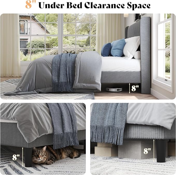 AMERLIFE Full Bed Frame, Upholstered Platform Bed with Corduroy Headboard, Easy Assembly Modern Grey Bed Frame with Wooden Slats Support, No Box Spring Needed