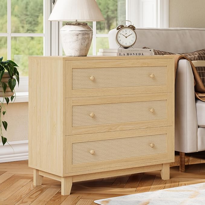 Rattan 3 Drawer Dresser for Bedroom, Small Boho Dresser with Wood Handles, Wood Nightstand, 29.52" Wide Modern Dresser, Chests of Drawers for Living Room, Entryway, Hallway, Natural Oak
