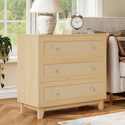 Rattan 3 Drawer Dresser for Bedroom, Small Boho Dresser with Wood Handles, Wood Nightstand, 29.52" Wide Modern Dresser, Chests of Drawers for Living Room, Entryway, Hallway, Natural Oak