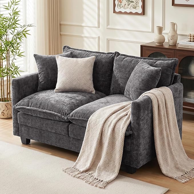 Loveseat Sofa Couch, Small Mini Compact 50" Love Seat 27" Deep Cloud Sofa Seat Washable Chenille Pillow for Apartment Bedroom Dorm Attic Studio Office Living Room Small Space 8833-GREY