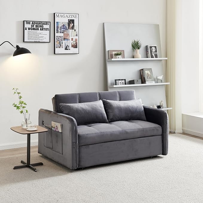 55.5" Velvet Convertible Sofa Bed, Pull Out Sleeper Sofa Bed, Loveseat Couch with USB Charging Ports, 3 in 1 Convertible Sleeper Sofa Bed for Living Room, Apartment, Bedroom, RV, Grey