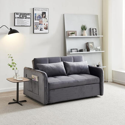 55.5" Velvet Convertible Sofa Bed, Pull Out Sleeper Sofa Bed, Loveseat Couch with USB Charging Ports, 3 in 1 Convertible Sleeper Sofa Bed for Living Room, Apartment, Bedroom, RV, Grey