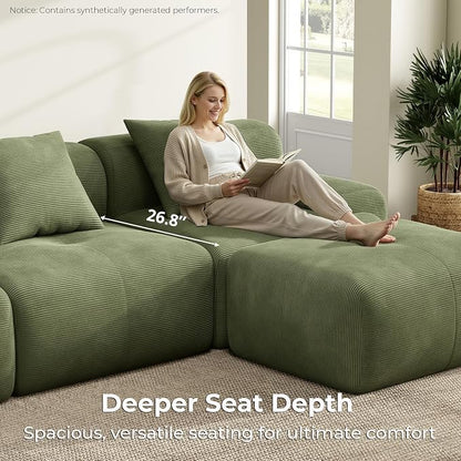 LIKIMIO LumiCord 118" Tufted Modular Sectional Sofa, Modern U-Shaped Boneless Couch for Living Room, 26.8" Deep Seat, 18.1" High Seating, 15" Wide Armrest, Corduroy, Olive Green