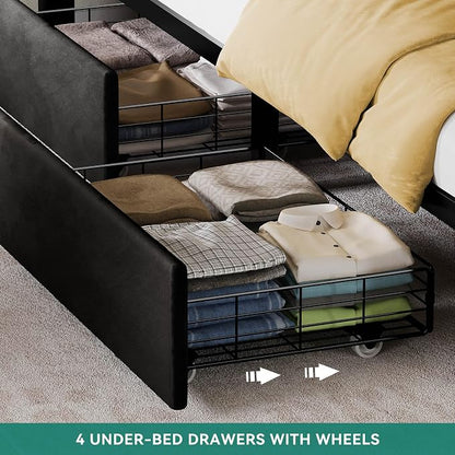 YITAHOME King Size Bed Frame with 4 Drawers and RGB LED Lights, Velvet Upholstered Platform Bed with Charging Station and Storage Headboard, No Box Spring Needed, Easy Assembly, Noise-Free, Black