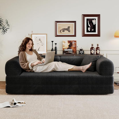 JINGLING 79" Queen Sleeper Sofa Bed with Memory Foam, Compressed Couch in a Box, Foldable Convertible Small Couches for Small Spaces Bedroom Game Room, Corduroy Fabric, Black