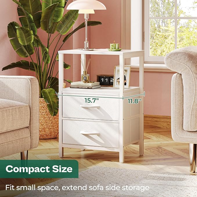 Huuger Nightstands Set of 2, End Tables with Charging Station, Side Tables with Fabric Drawers, Bedside Tables with USB Ports and Outlets, Night Stands, PU Leather, White