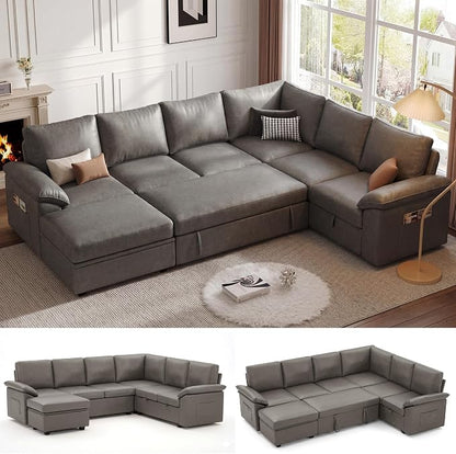 108 Inch Faux Leather Modular Sectional Sofa with Pull Out Bed,U Shaped 7 Seat Sectional Sleeper Sofa with Storage,Sectional Couches for Living Room,Cloud Modular Couch,Gray Leather