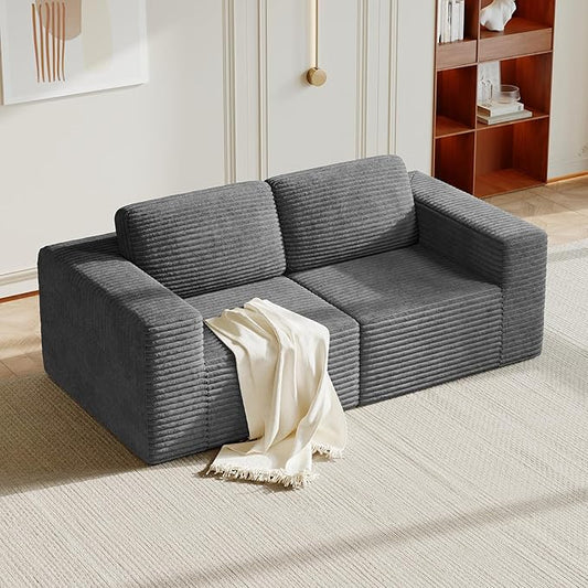 Vesgantti 80" Modular Sectional Sofa, Corduroy Cloud Couch with Deep Seating & Spring Support, 2 Seater Compact Modular Couch, Boneless Sectional Sofa for Small Spaces, No Assembly Required, Grey