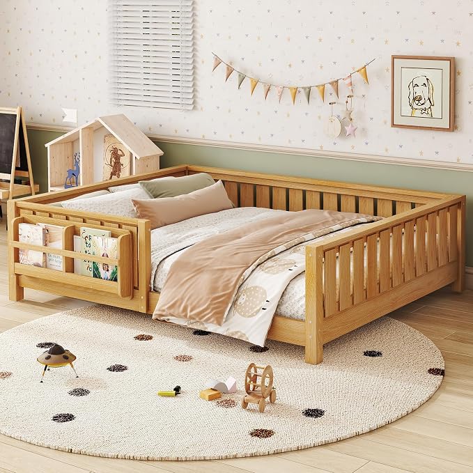 Bellemave Queen Size Montessori Floor Bed with Slats and Fence, Queen Size Montessori Bed with Rails and Bookcase, Easy Assemble Floor Beds Frame,Deep Natural
