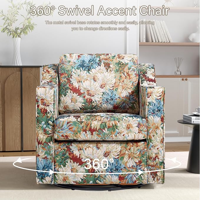 Swivel Accent Chair, 360° Swivel Upholstered Club Armchairs for Living Room, Comfy Fabric Single Sofa Reading Chair with Deep Seat, Metal Swivel Base, Orange Blooms