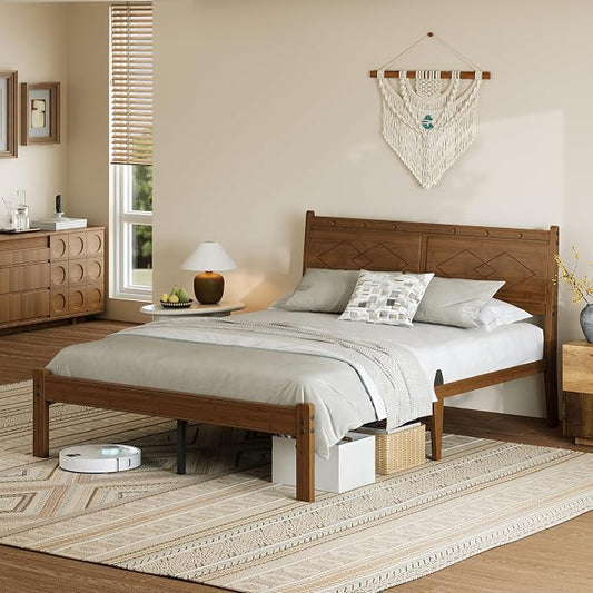 RLDVAY Queen Bamboo Platform Bed, Mid-Century 14" Queen Bed Frame, Walnut Bed Frame Queen Size with Solid Headboard/Footboard, Sturdy Metal Slats Support, No Box Spring Needed, Easy Assembly